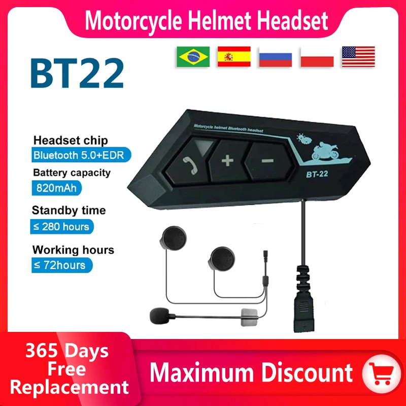 BT22 Motocyklová prilba Bluetooth Headset slúchadlá BT5.0 Wireless Moto Handsfree Stereo Serfón MP3 Správca vodotesný