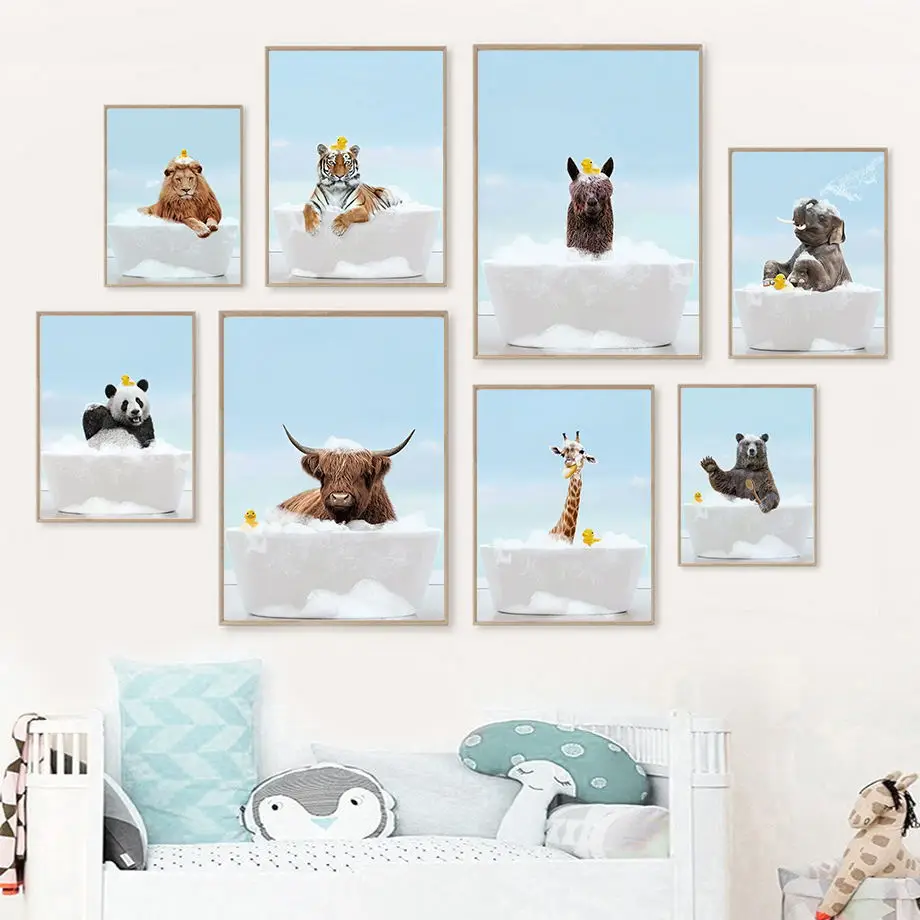 Bubble Bath Lion Elephant Giraffe Zebra Bear Monkey Monkey Wall Art Canvas Maľovanie Nordické plagáty a výtlačky detské obrázky obývacia izba