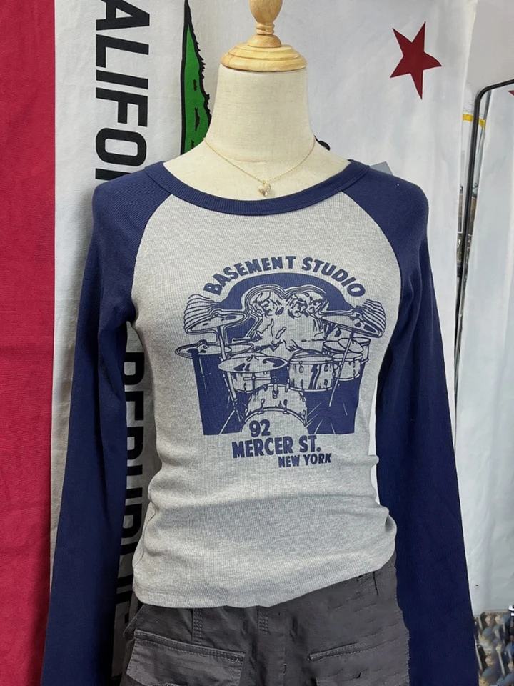 Bubeník potlač rebrí s dlhým rukávom tričko Dámske letné patchwork O-krh Cvaz Slim Tees Y2K Streetwear vintage ležérne tričká