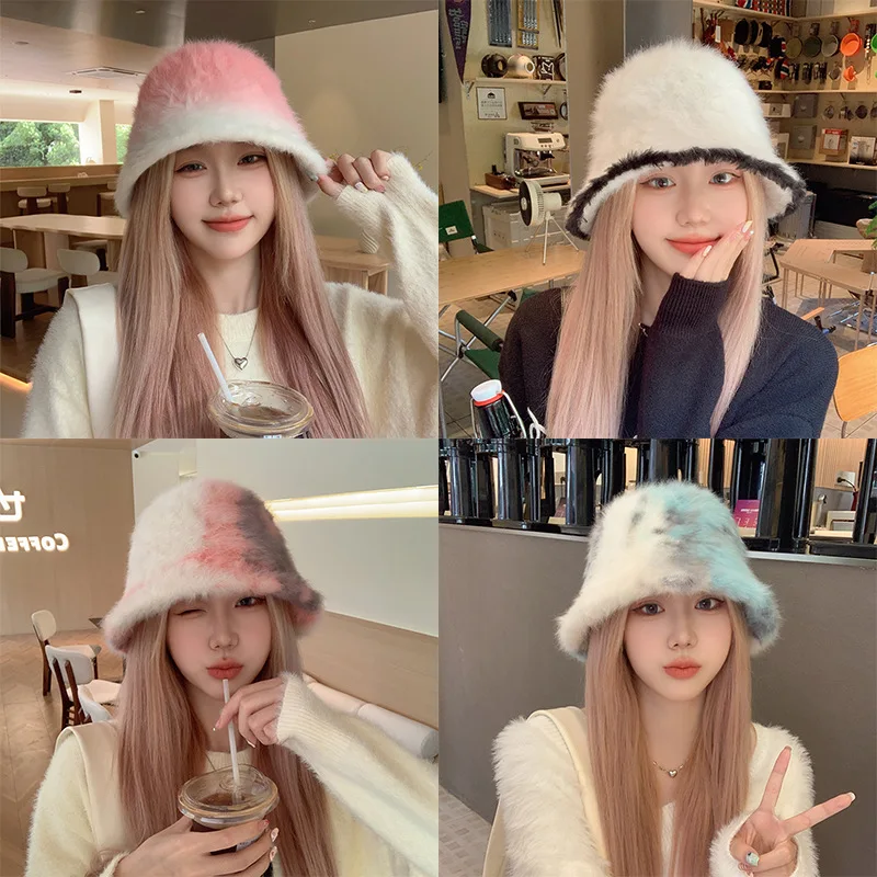 Bucket Hat Autumn/Winter 2023 Vysoký stupeň kravaty zafarbené králičie vlasy kontrastné kožušinové klobúky pre dámske vonkajšie módne povodie