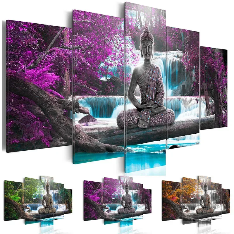 Buddha socha vodopád krajinné plagáty 5ks plátno na stenu