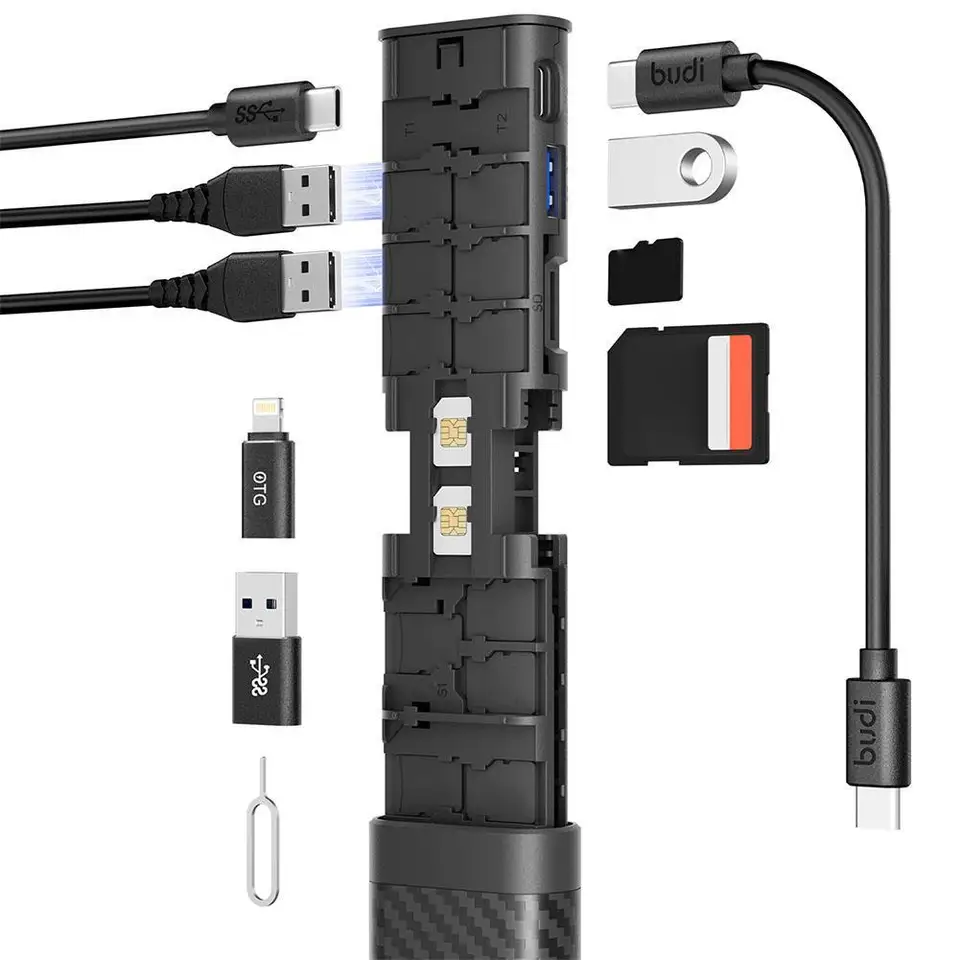 BUDI 10 In 1 USB C Hub SD TF SIM Cards Storage Box SD Card Reader OTG USB3.0 Adapter 5Gbps Data Transfer For Laptop Slim Memory