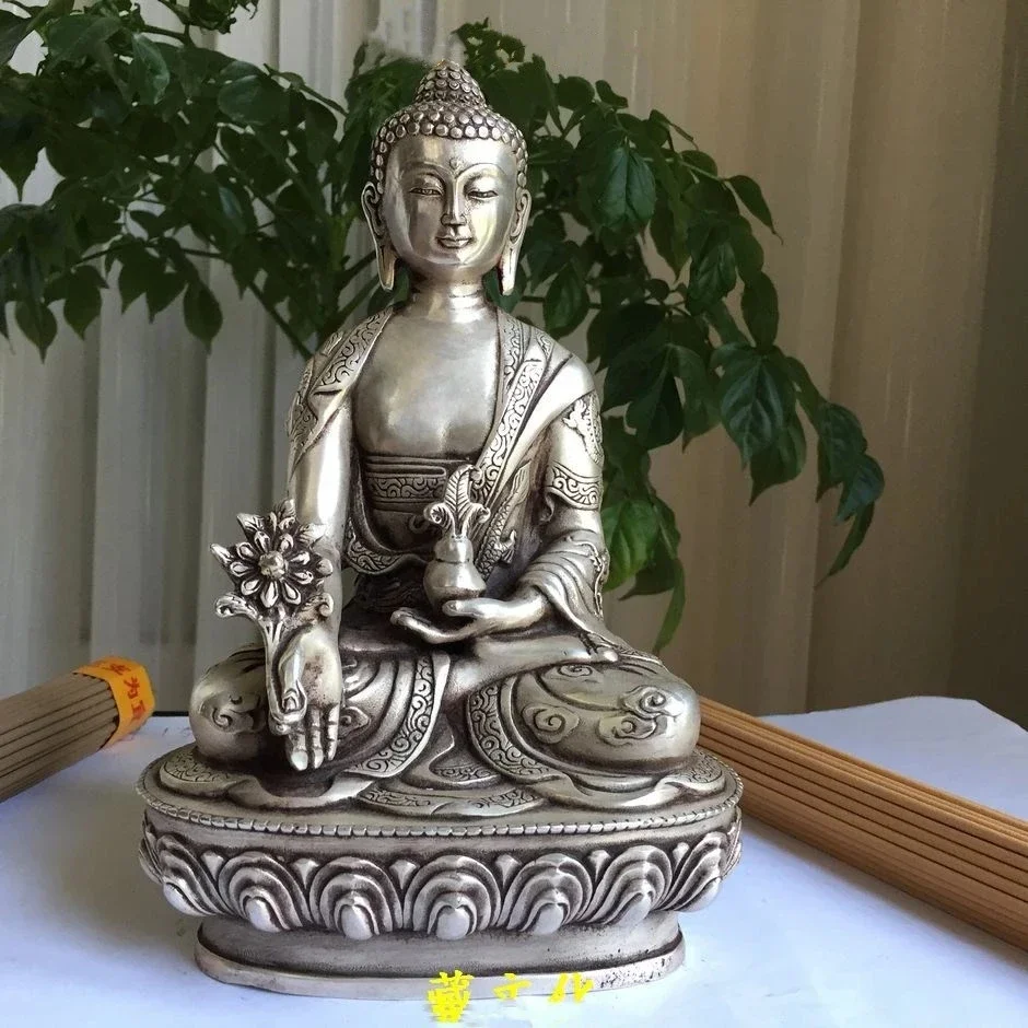 Budismo Plata China Bien Dragón Po Sang Buda Asiento de Loto Escultura Estatua liečivý