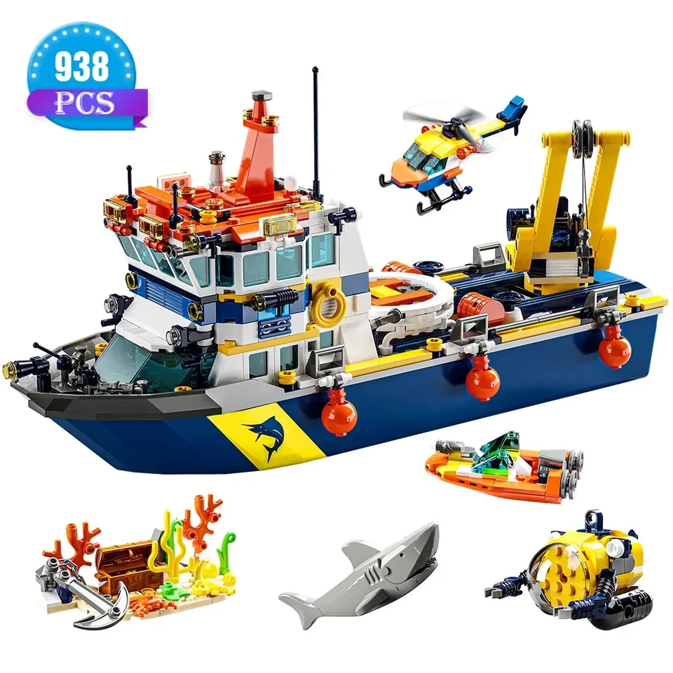 Budovacia súprava lodí City Ocean Explorer, zábavná súprava na budovy lodí, vrtuľník, ponorka, darčeky pre deti pre deti