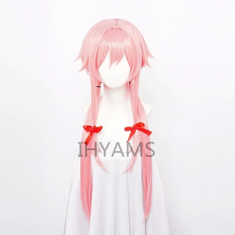 Budúci denník Yuno Gasai Long Pink Straight Straight Anime Cosplay Mirai Nikki Syntetické vlasové parochne Vlasy Červená stuha parochňa Ca AA1