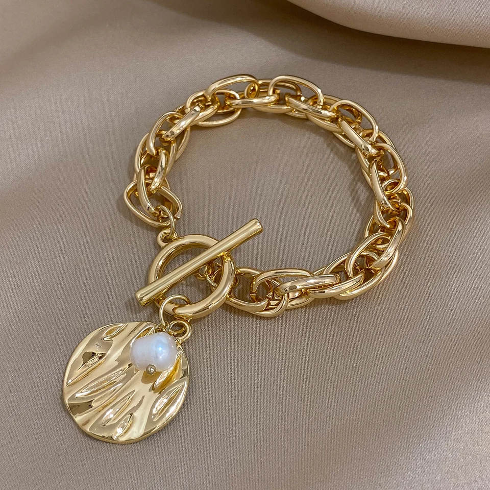 Bullous Chunky Gold Color Metal Hustý reťazové náramky pre ženy textúrované nepravidelné okrúhle perlové kúzlo náramok Party šperky