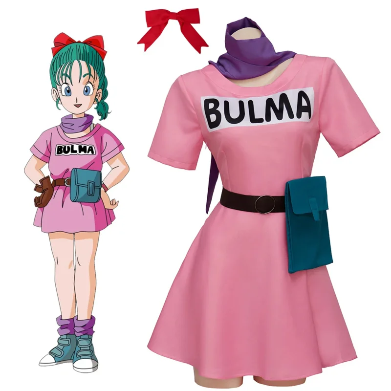 Bulma kostým ružové šaty pokrývok pokrývky fialovej šatky BAG PLNÉ Sada pre dámsky Halloween kostým Cosplay