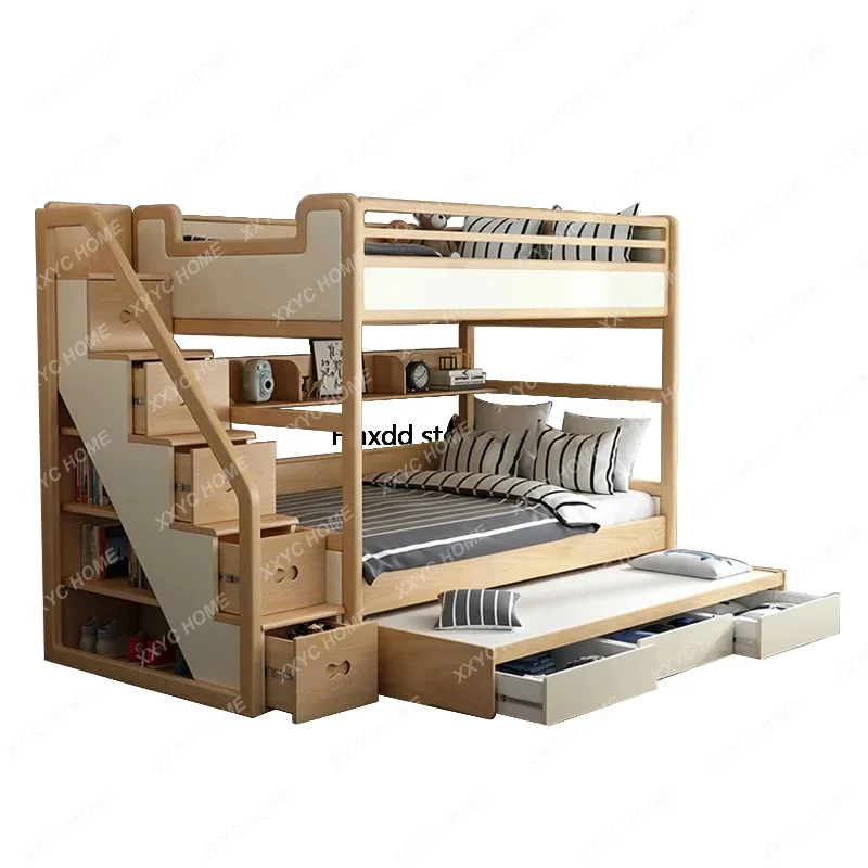 Bunk Bed Ash Wood Tri vrstvy s rovnakou šírkou paralelnou matkou a dieťaťom vysoké a nízke deti s prívesom