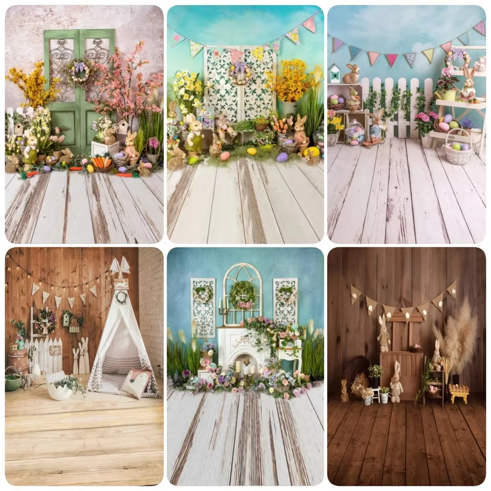 Bunny dieťa narodeniny portrét drevené podlahové pozadie jar Veľkonočné fotografie pozadie zelené rastliny trávnaté rastliny vajíčok králik dekor