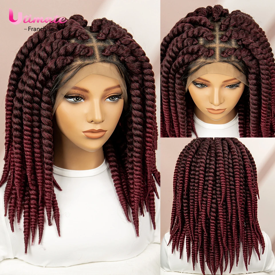 Burgundsko Bob Twist háčkovanie háčkované parochne pre ženy afro plné čipkované boxové vrkočky parochne 99J 16 palcov