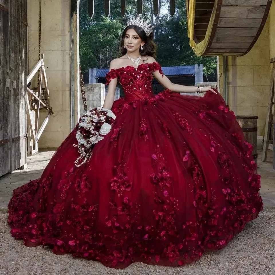 Burgundsko charro quinceanera šaty guľôčkové šaty z ramena kvetinové perly mexické sladké 16 šaty 15 Anos prispôsobené