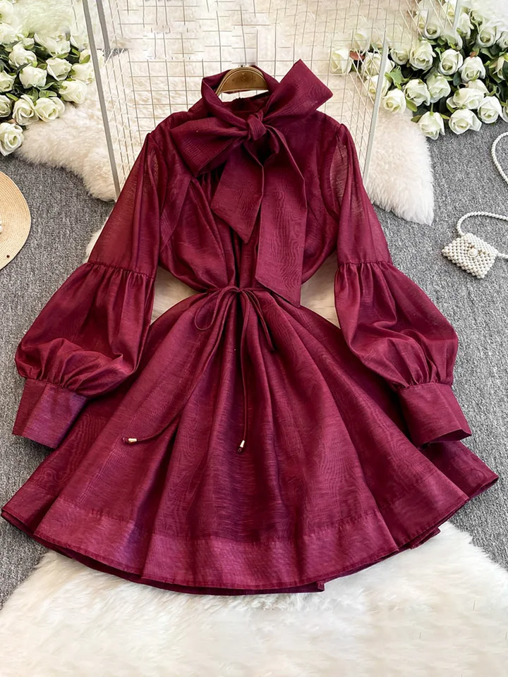 Burgundsko/modrá/čierna/biela vintage Ženy Mini šaty Elegantné luku Lucerna s dlhým rukávom s vysokým pásom A-line Príležitostné Vestidos Nový