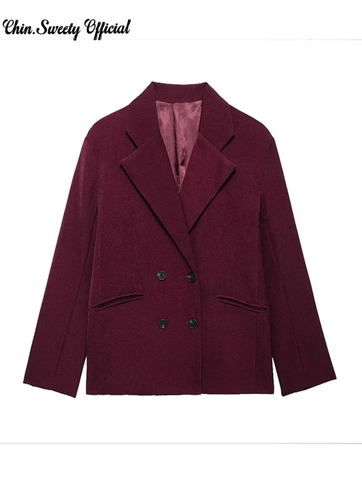 Burgundsko Red Blazer Dámske ležérne klopové vrecká voľné bundy oblek 2024 Jeseň s dlhým rukávom Streetwear Outwears