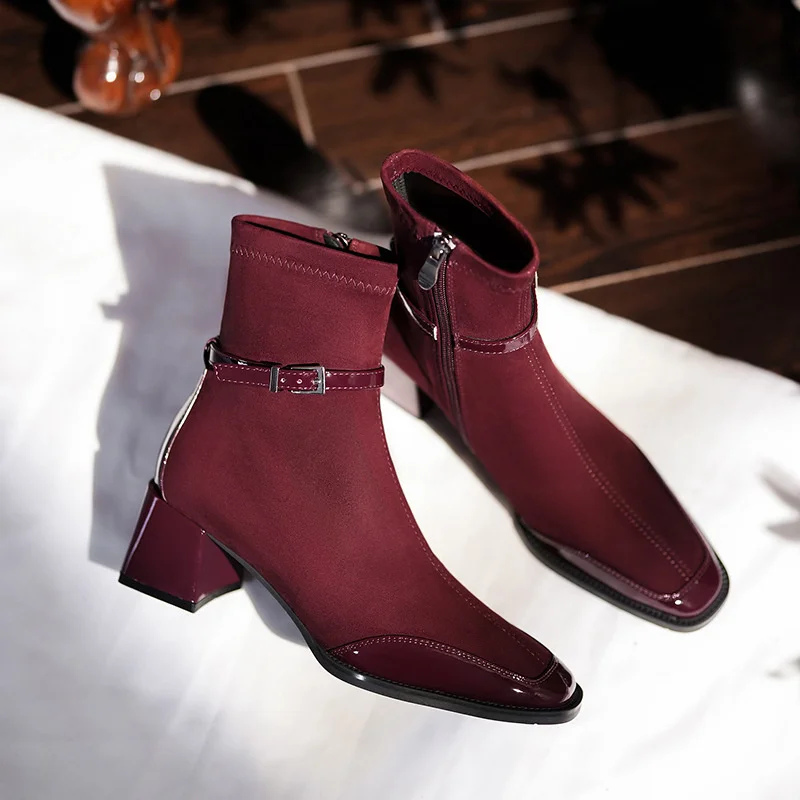 Burgundsko -topánky stredné teľacké bota štvorcové špičky