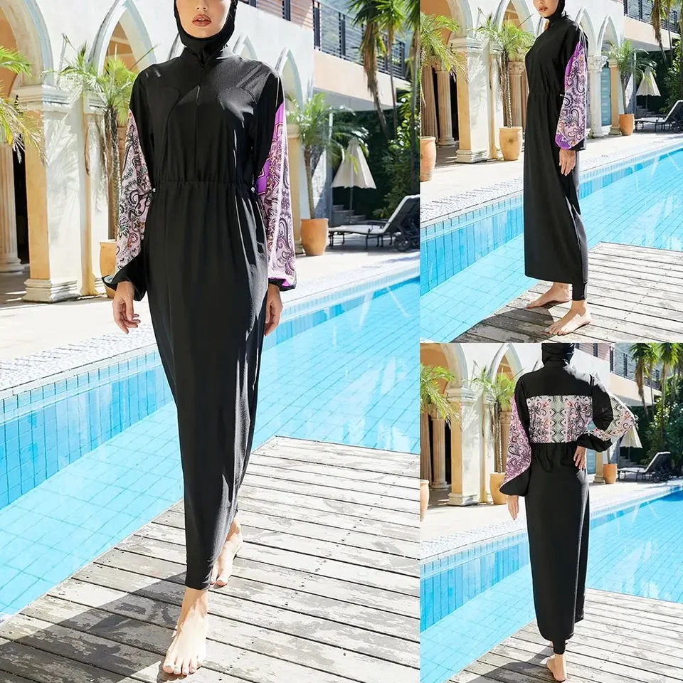Burkini moslimské ženy plavky plavky hidžáb maxi šaty maxi šaty plné krytie tlačeného islamu maillot burkini abaya dubaj skromné ​​plavky