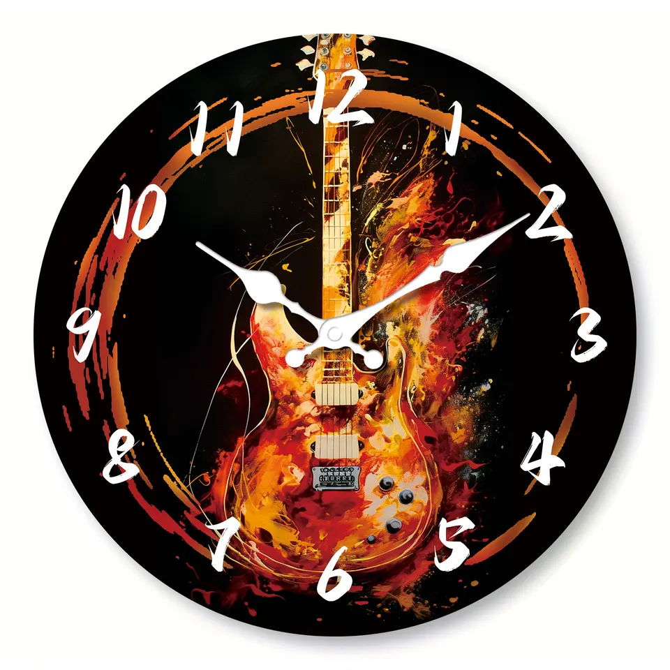 Burning Electric Guitar Wall Clock, vášnivá rocková gitarová hudba inšpirovaná dizajnovými hodinami, okrúhlym dreveným tichým hodinám, vhodný