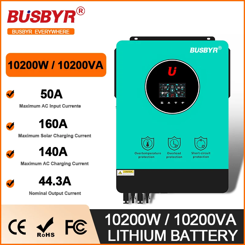 Busbyr 10.2kW Hybridný solárny invertor 48V 230V 10200W na mriežke mimo mriežky čistý sine vlnový menič MPPT 160A Solárna nabíjačka