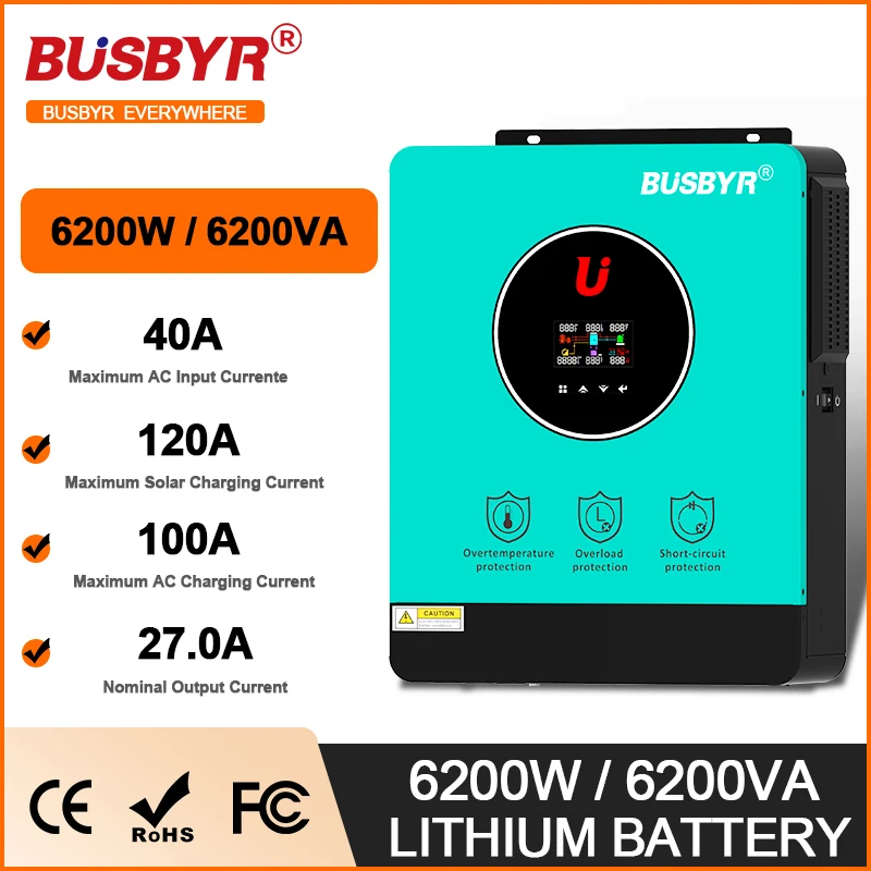 Busbyr 10.2kW Hybridný solárny invertor 48V 230V na mriežke mimo mriežky Pure Sine Wave Inverter MPPT 160A Solárna nabíjačka