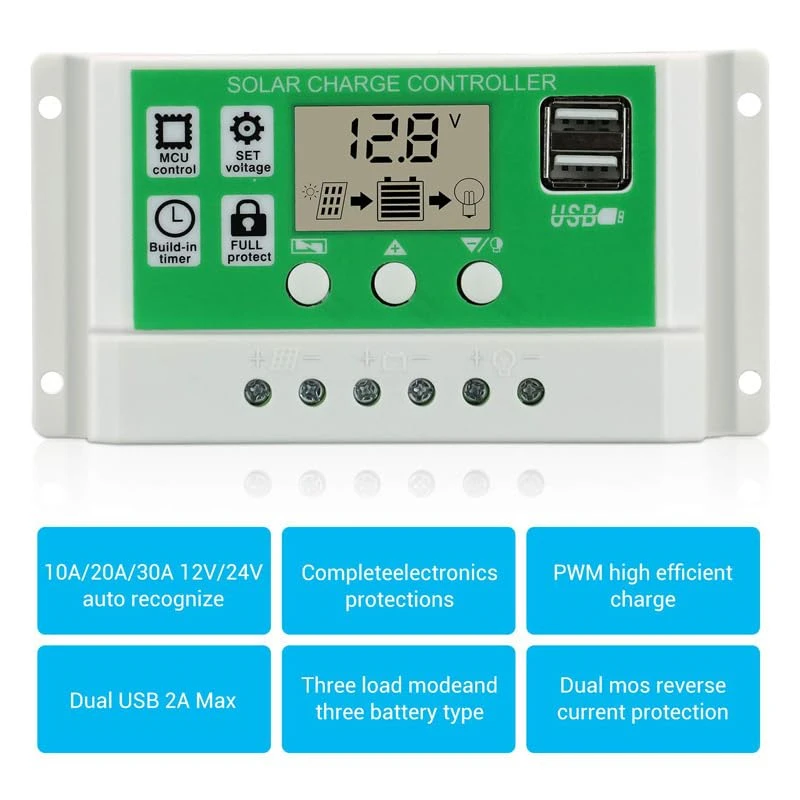 Busbyr MPPT solárny regulátor 30A 10A 20A solárny ovládač solárny panel regulátor batérie Dual USB 5V LCD displej