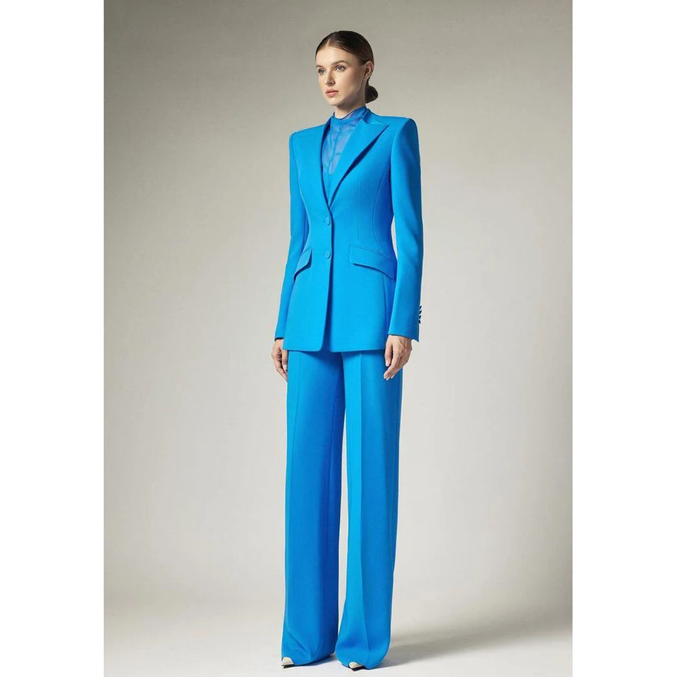 Business Blue Single Breasted Women Pants Stanovil nové ženy Dva kusy (Blazer+nohavice) Conjuntos Femininos Elegantes
