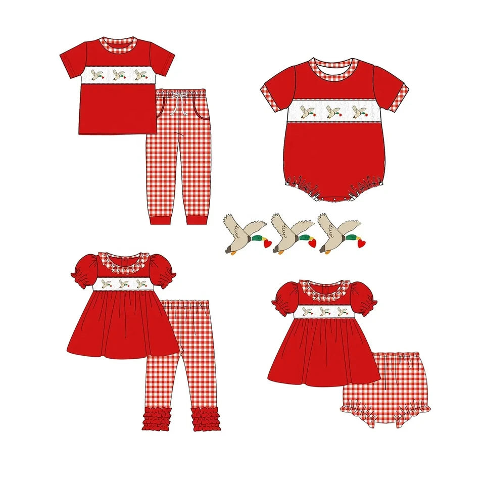 Butiková móda dievčatka Smock Style Tlač porovnávania kombinézy pre batoľatá Red Suits