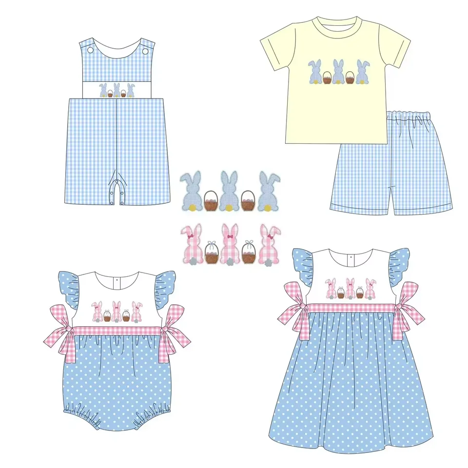 Butique deti Veľkonočné oblečenie Veľkoobchod chlapcov dievčatá Dievčatá Bunny Basket Tlač Veľkonočné detské oblečenie zápasy detská bublina