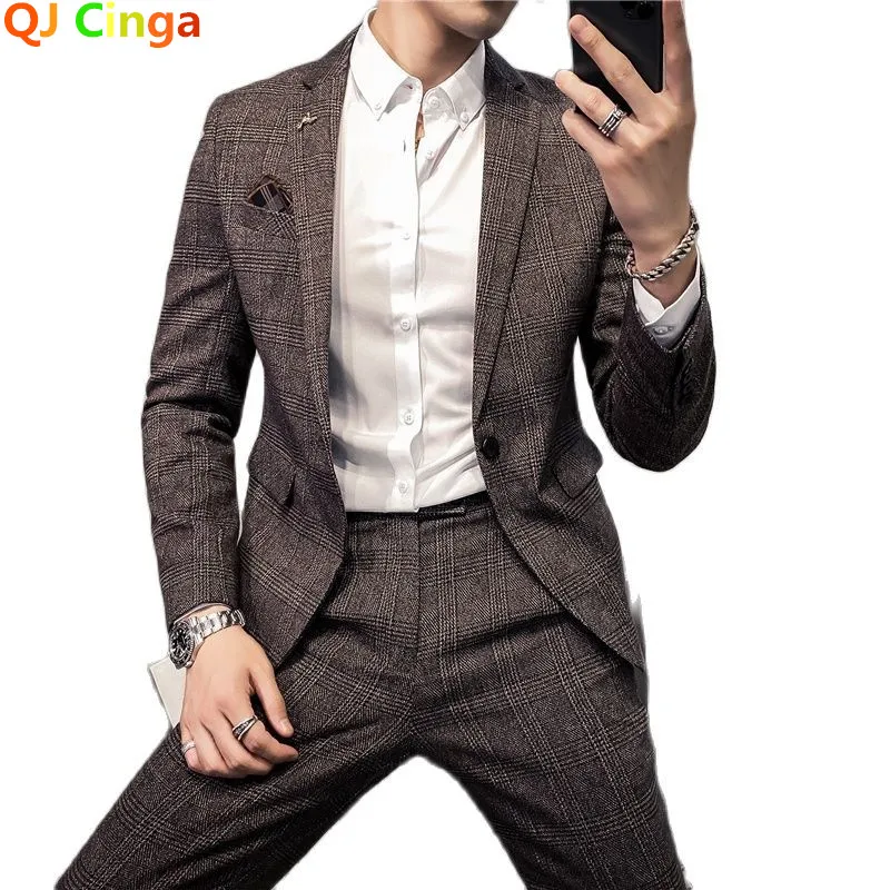Butique Fashion Mens Plaid Suits, špičkový sociálny oblek 2 ks Set Groom Svadba (bunda + nohavice)