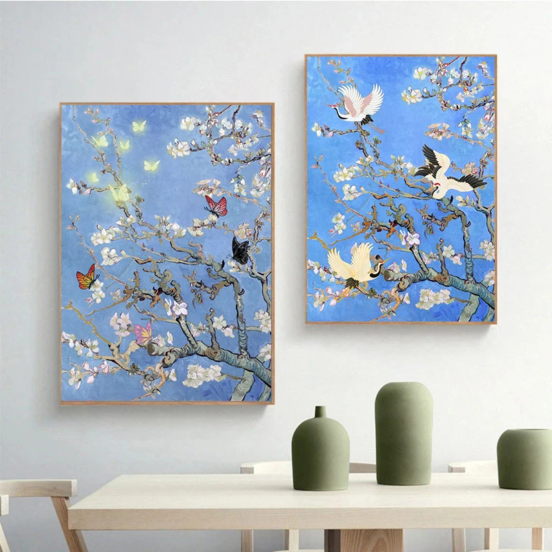 Butterfly Bird on Van Gogh mandľové kvety plátno maľba nástenné umenie Impressionistické kvety plagát výtlačok pre obývaciu izbu Domovod