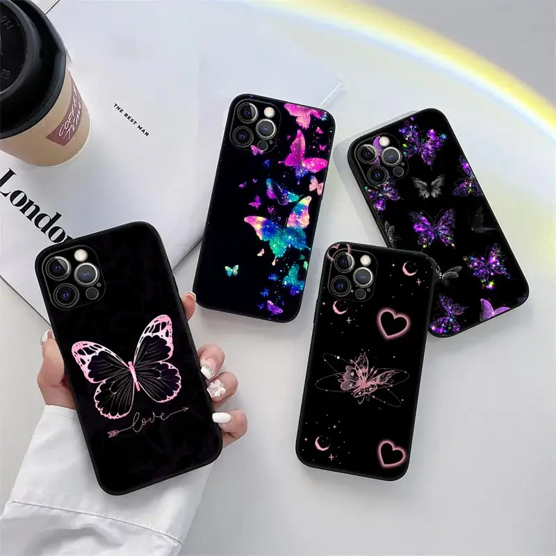 Butterfly Love Black Pase pre iPhone 11 15 16 Pro Max Coque Coque 14 Plus 13 Pro 12 11 XS 16 8 SE 2020 15Pro TPU Soft Cover