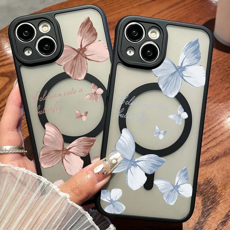 Butterfly Pattern Magnetic Matte puzdro pre iPhone 16 15 14 13 12 Pro Max 11 pre Magsafe Wireless nabíjanie Hard PC telefónny kryt Funda
