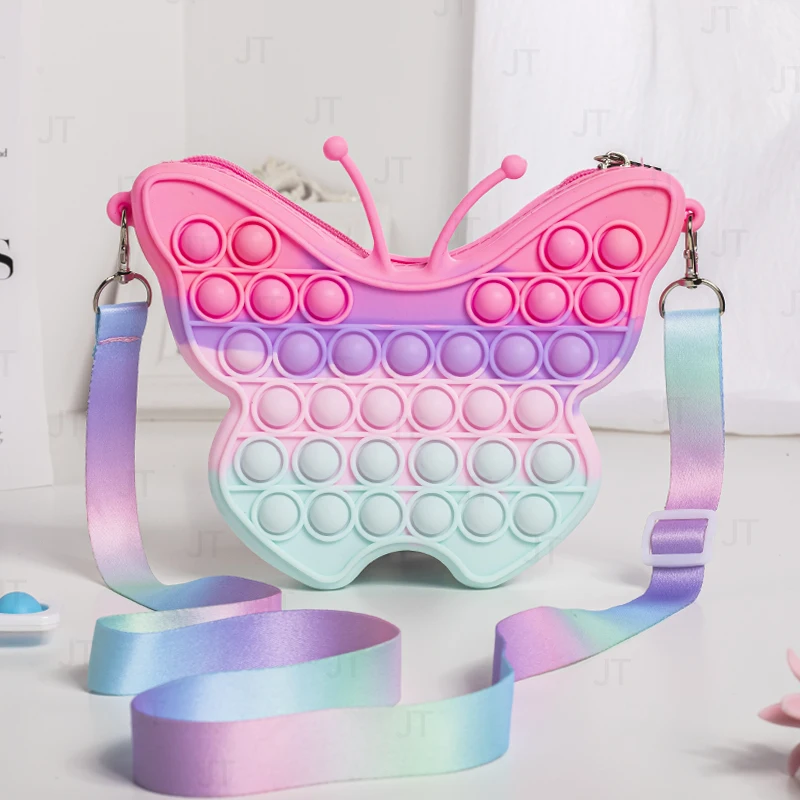 Butterfly Ramer Bag s dúhovým oblakom pop itting kabelka pre dievčatá zmyslová fidget hračka silikónová taška na rameno push
