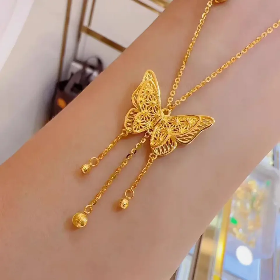 Butterfly Tassel prívesok 9999 Real Gold 24k Dutinu Trojrozmerný hodvábny náhrdelník motýľa