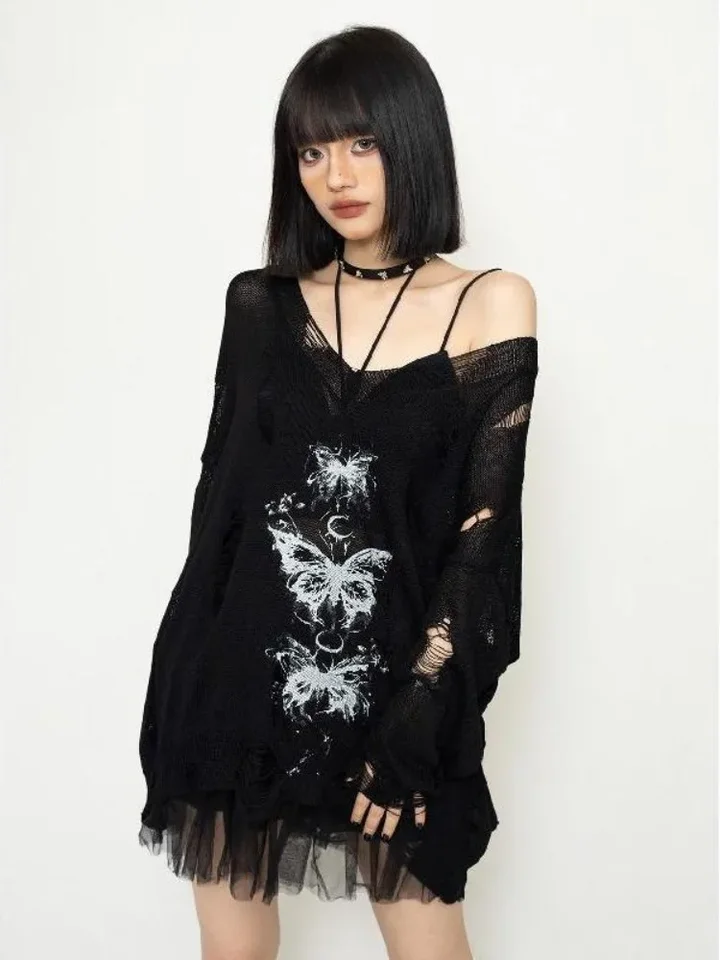 Butterfly tlač dutiny z streetwear tričká Kintwear grunge voľný y2k estetický harajuku vintage ležérne pletené topy Ženy