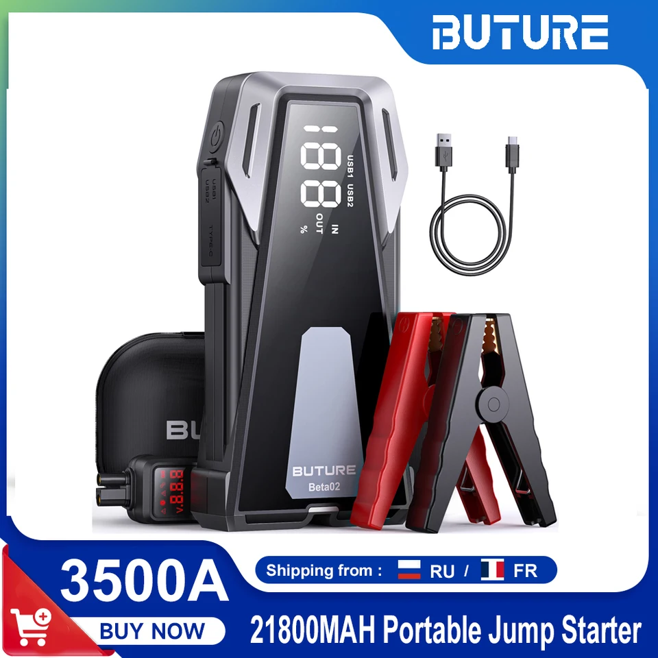 Buture Car Jump Starter 2500A Automobilová batéria nabíjačku automobil prenosný prenosný výkonový banka Veľký displej Výkonný posilňovač automobilov