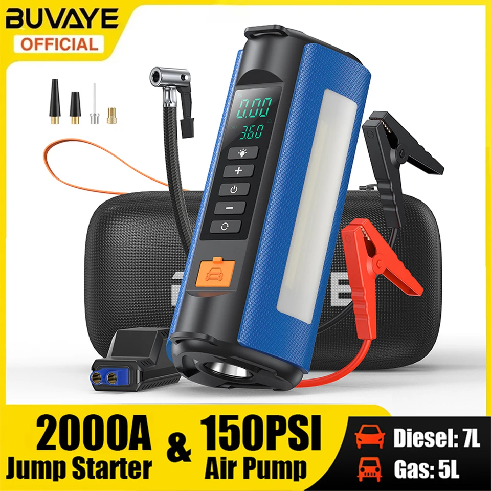 Buvaye Jump Starter Air Compressor s napájacou bankou 1500a Peak Booster posilňovač 150psi Elektrické čerpadlo 12V Štartér automobilov s osvetlením