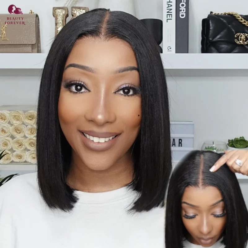 Bye Bye Knots Short Bob Wig Lace Lace Front Human Hair Wig Yaki Rovná bezbohatá parochňa Human Human Huans pripravená na nosenie 180% čierna bobová parochňa
