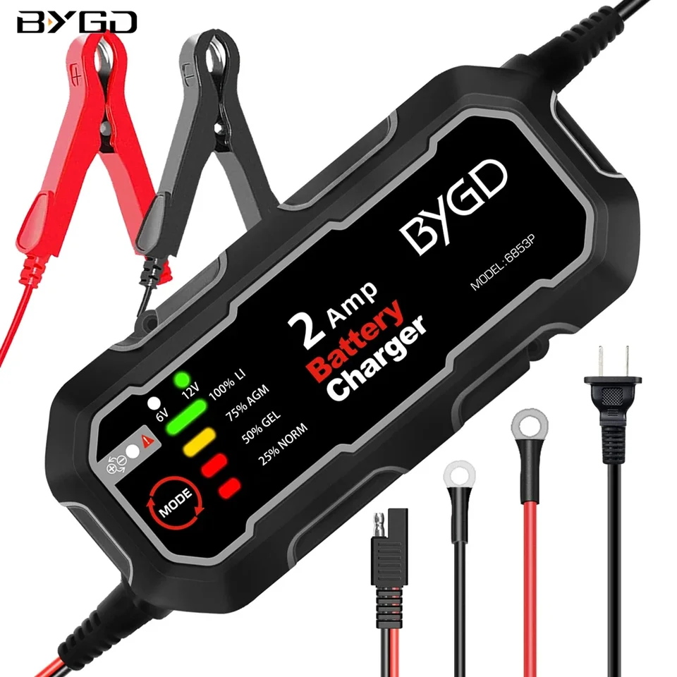 BYGD 2 AMP plne-automatická inteligentná nabíjačka 6V 12V CAR BATTERICKÁ KUSTRAČNÁ KRÁTKÁ KRAJINA NAPRAVA PRE LODY/MOTORYCLE/CAR/kosačka