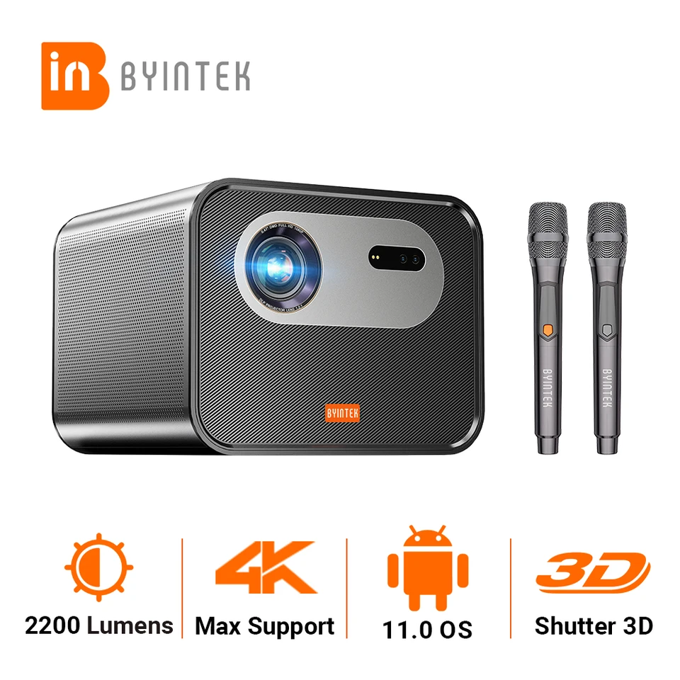 Byintek R90 Rock Projector 4K Full HD 1080P 2200 ANSI Android TV 11.0 WiFi Bluetooth s projektorom 10W reproduktora 3D domáceho kina