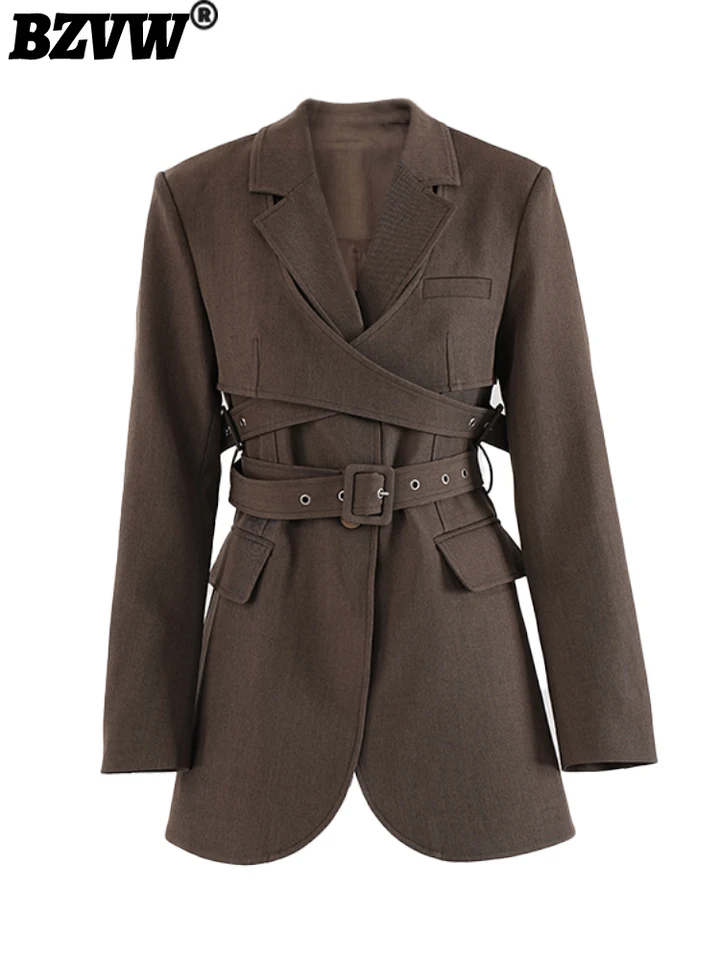 BZVW Fashion High-End Blazer Dámske dámske 2025 Jeseň Nový zárezový pás s dlhými rukávmi Zhromaždený pás Mid Legntah Coats Feamel CPDB328