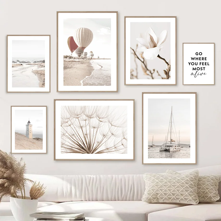 Béžová magnólia púpava maják Monthouse morská stena Art Canvas maľba škandinávske plagáty a výtlačky