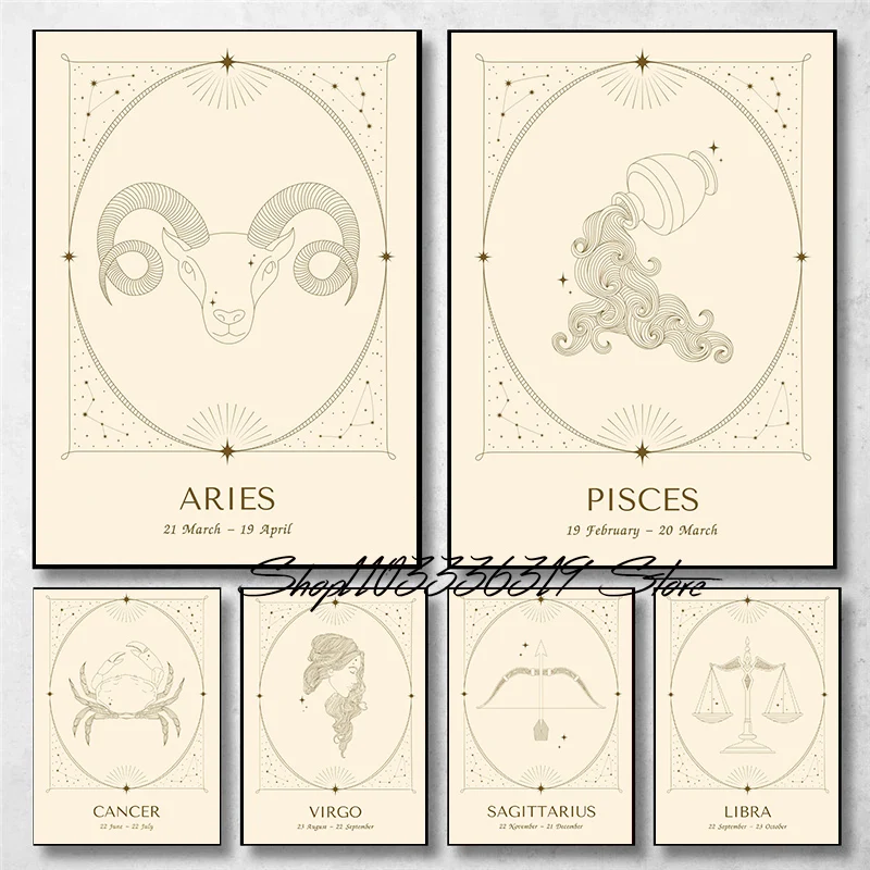 Béžový štýl Zodiac Signs Aries Pisces Taurus Libra Art plagát plátno maľba nástenné výtlačky Obrázok pre obývaciu izbu Domovod
