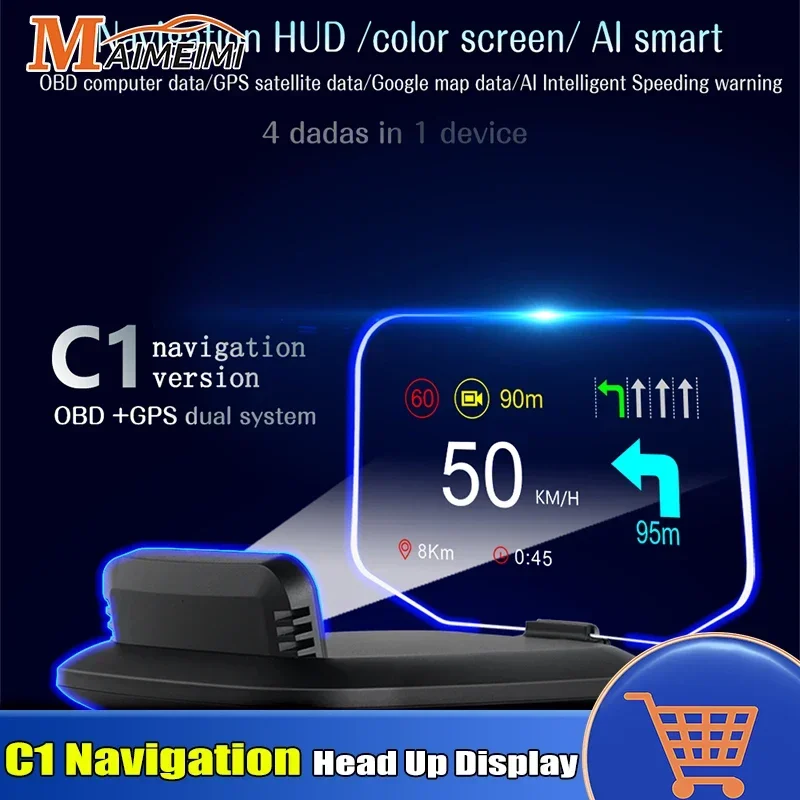 C1 Navigačná projekcia pre HUD OBD2 GPS Bluetooth kompatibilný Automatic Head Up Displej nadmernej rýchlosti RPM napätie Výstražné diely automobilov