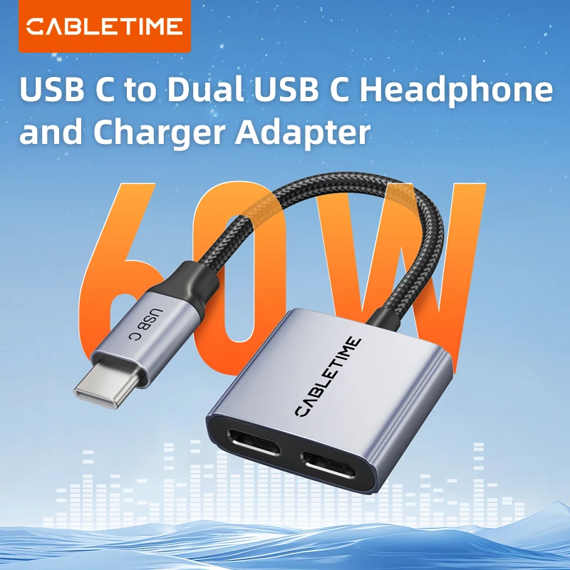 CableTime USB C na duálne slúchadlá USB C a adaptér nabíjačky 2-v-1 PD 60W Fast Charger Hliníkový adaptér Hi-Fi pre iPhone Huawei