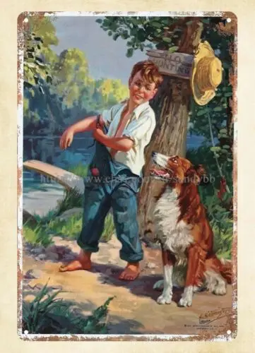 Cafe Tavern Plaque Henry Hintermeister Art Boy Boy Dog Lake Site Metal Tin Sign