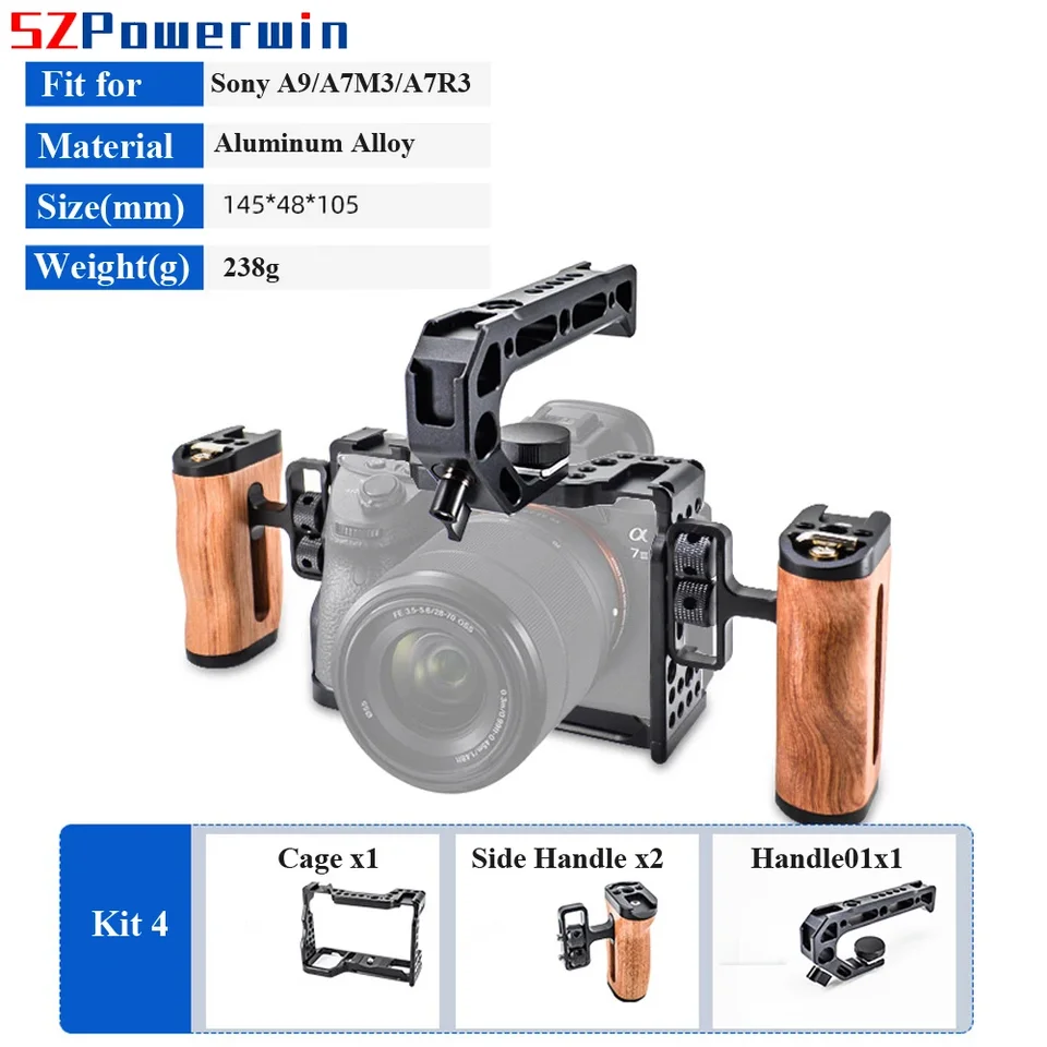 Cage PowerWin Coage pre Sony A7R3 A7M3 A9 s drevenou rukovlnou súpravou zliatiny Multifunkčnej skrutky Arri