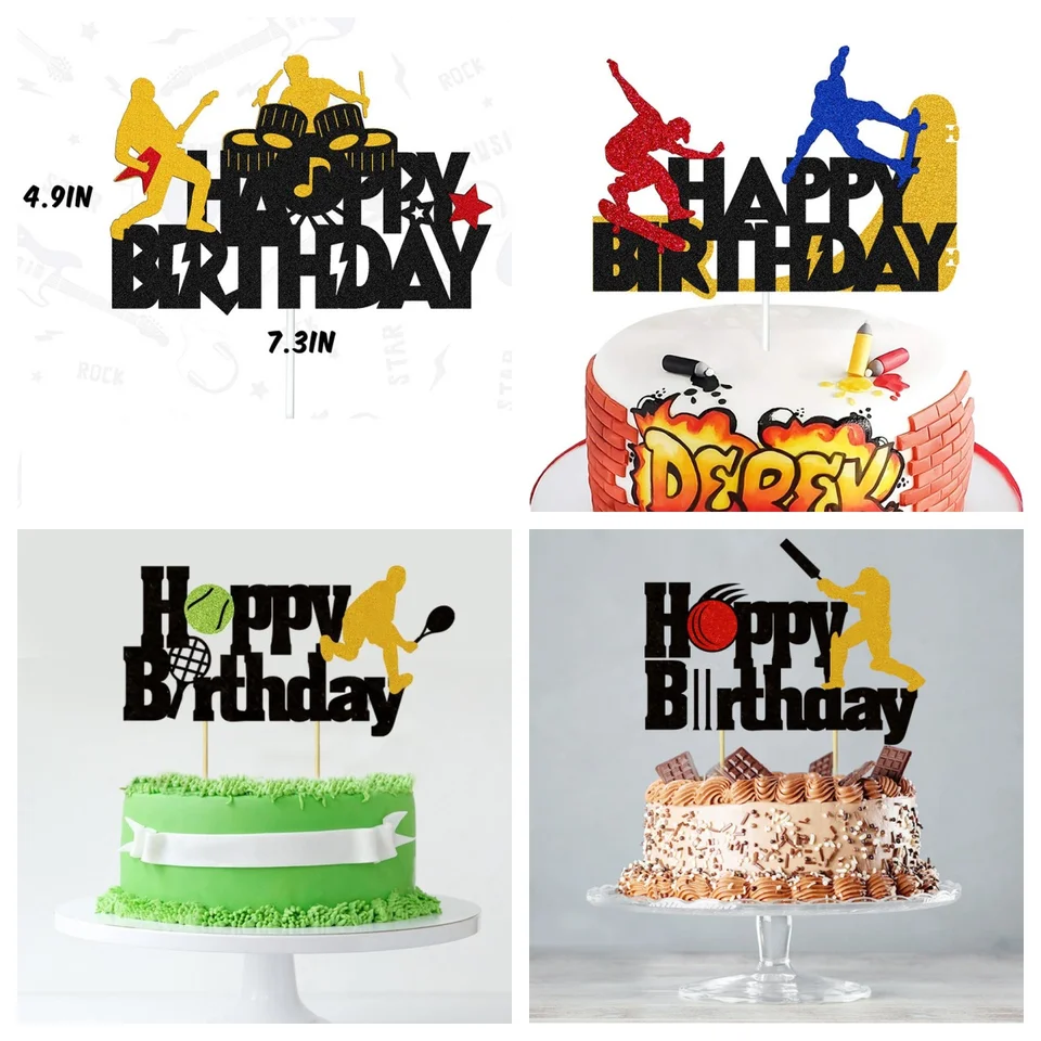 Cake Topper Kriket Basketbal futbalové športy Rugby Happy Birtday Guitar Party Cupcake Toppers Decorácie