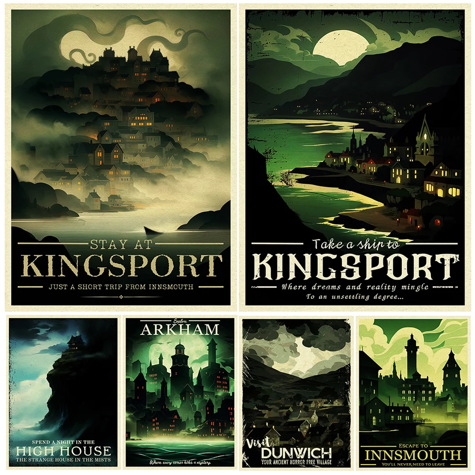 Call of Cthulhu Travel Plagát, umelecká tlač Cthulhu Mythos, Shadow Over Innsmouth, hororová cestovná stena