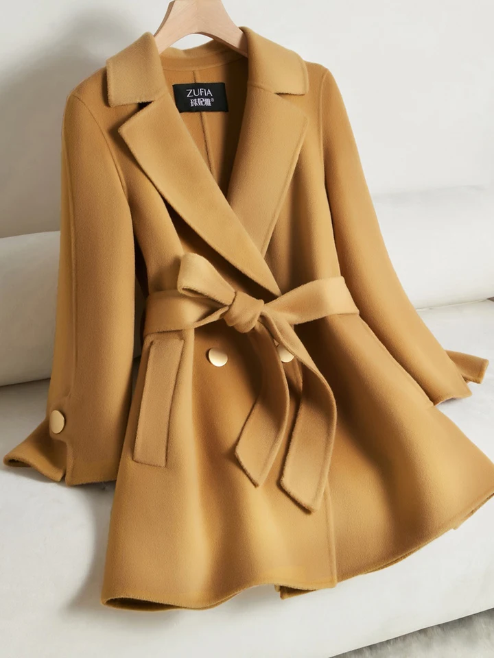 Camel Double Cashmere Coat Dámsky krátky štýl Ľahký opotrebenie Slim Autumn Winter Wool Coat