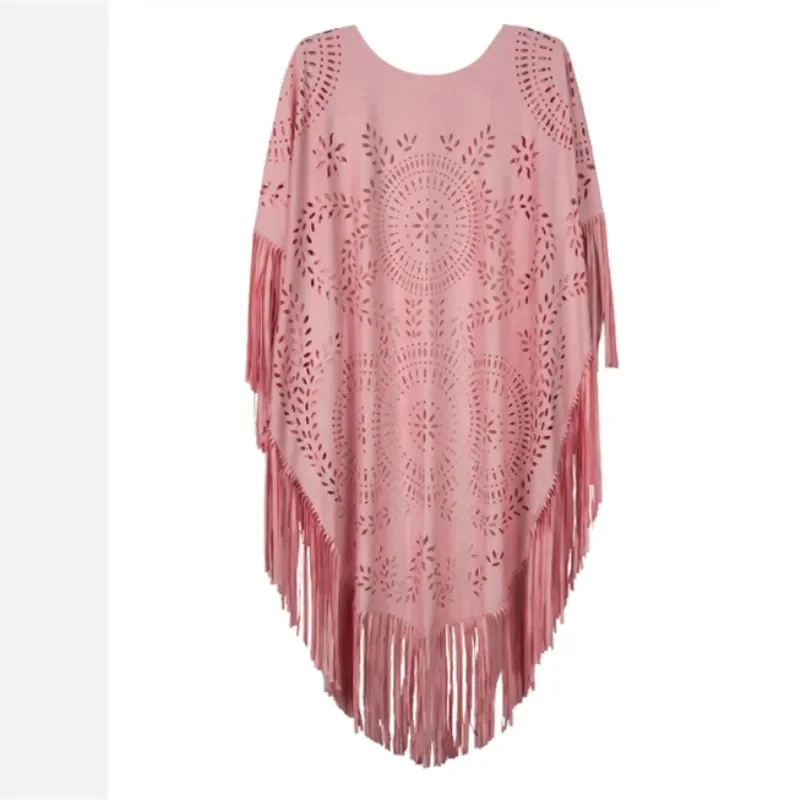 Camel Suede Floral Hollow Out Fringe Tassel Shawl Ženy Vintage čiapky ponchos jesenná Česká kardigan cloak boho Capes Pink Pink