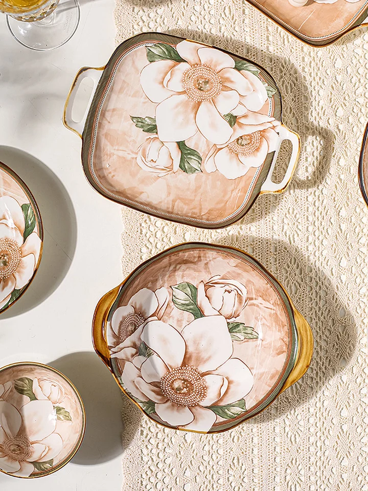 Camellia kvetinová pod zaskleným keramickým jedálovým setom misky misky retro štýl Mikrovlnná rúra Vhodná raňajková obal
